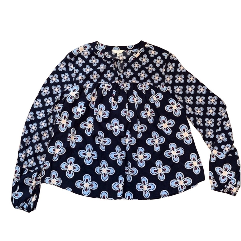 Crown & Ivy Curvy Navy Blue Floral Tassel Tie Babydoll Blouse 3X Plus Size